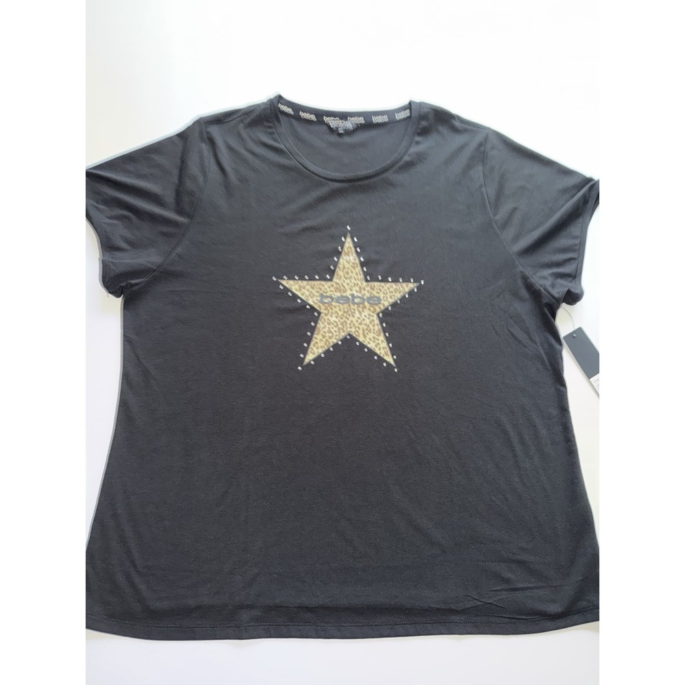 bebe Women 3X Black Leopard Star Rhinestone Graphic T-Shirt Sport Top Tee NWT